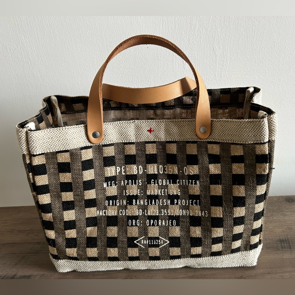 Apolis Petite Market Bag with Leather Handles - Black & Brown Gingham Design